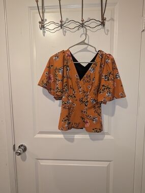 Pinup Couture Mustard Floral Flutter Sleeve Wrap Top Viva V Neck
